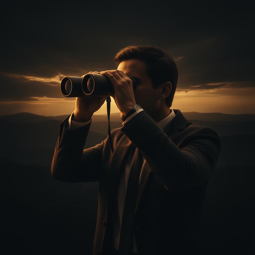 JobScout – KI-gestützte Jobsuche: Person mit Fernglas sucht gezielt nach offenen Stellen bei Wunschunternehmen