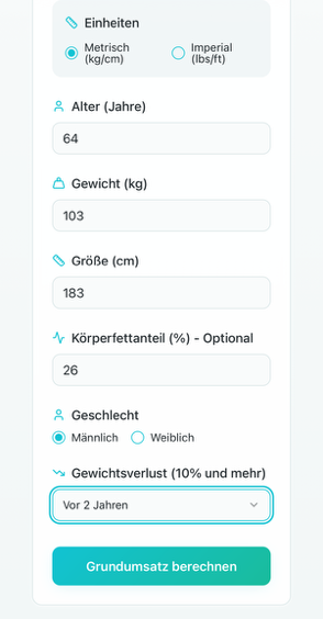 Grundumsatzrechner – Eingabe von Alter, Geschlecht, Größe und Gewicht zur BMR-Berechnung