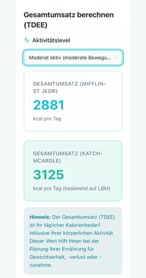 Grundumsatzrechner – Ergebnis mit Grundumsatz (BMR), Kalorienbedarf (TDEE) und Kalorienziel