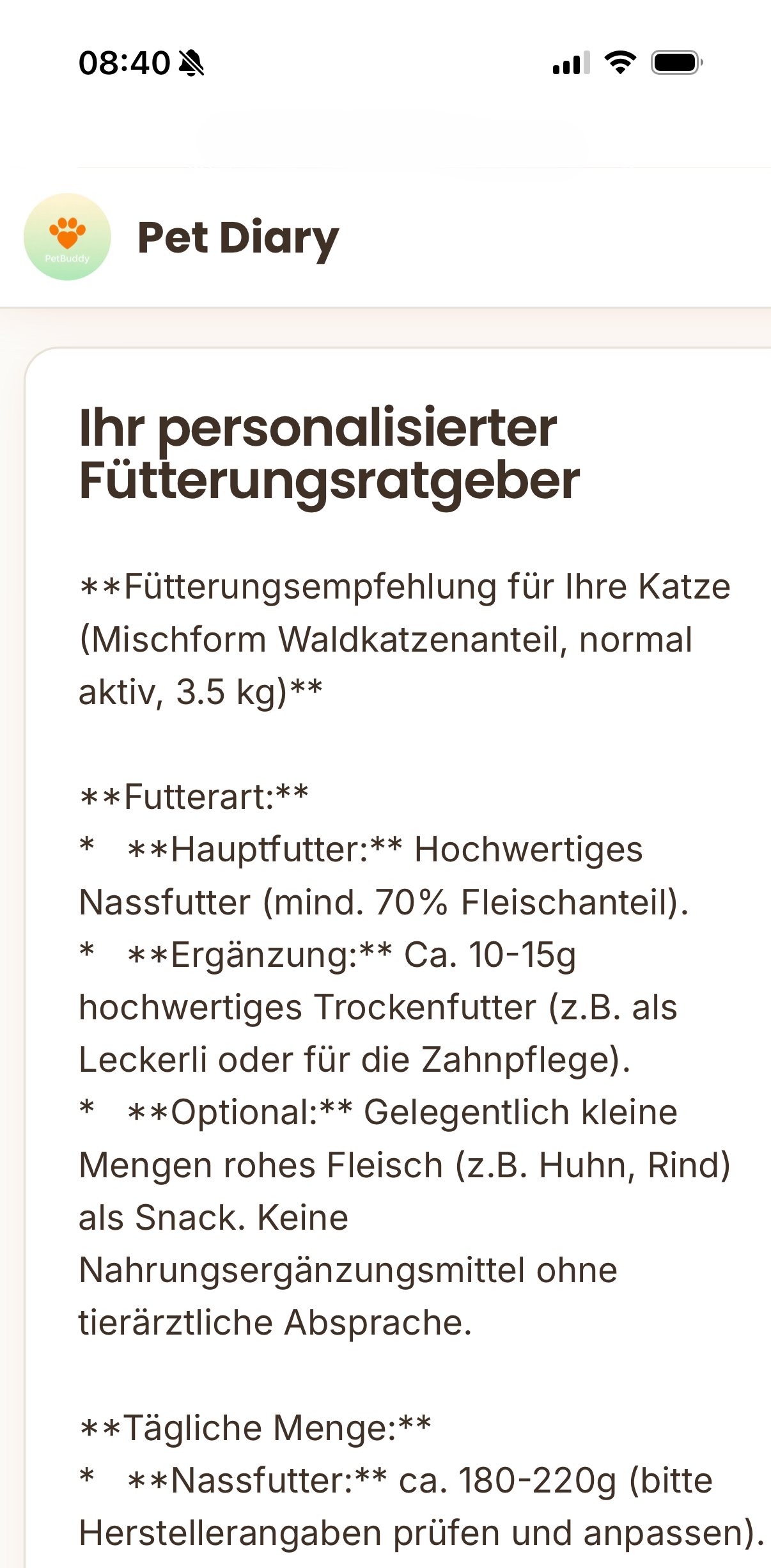 Screenshot – Ergebnis BMR und Zielwerte